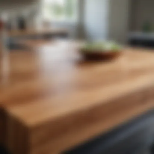 Close-up view of a finely finished butcher block countertop showcasing wood grain