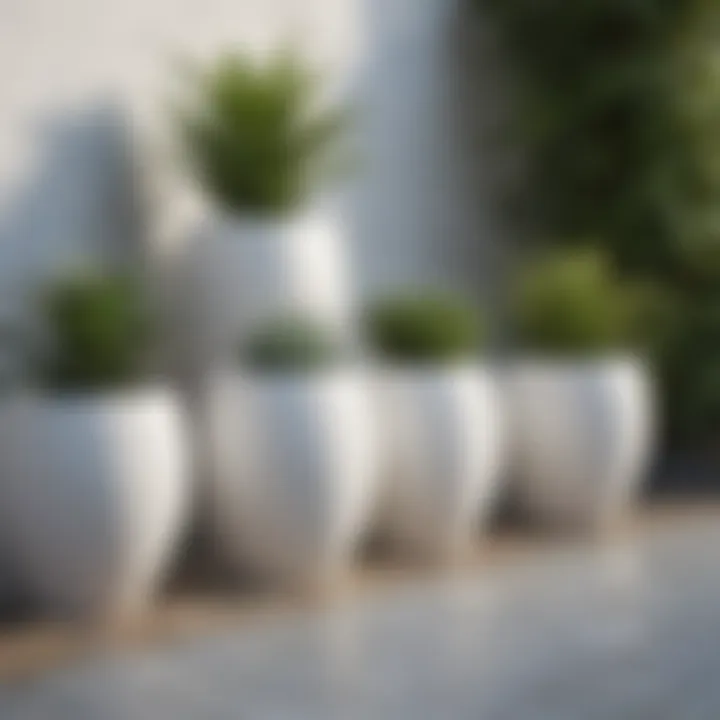 Variety of white ceramic pots arranged in a modern garden setting