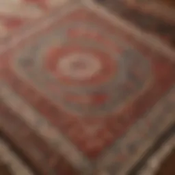 A close-up of intricate patterns on a wool Indian rug showcasing traditional designs