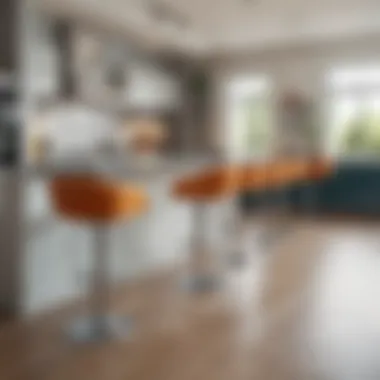 A vibrant kitchen showcasing high counters and bar stools