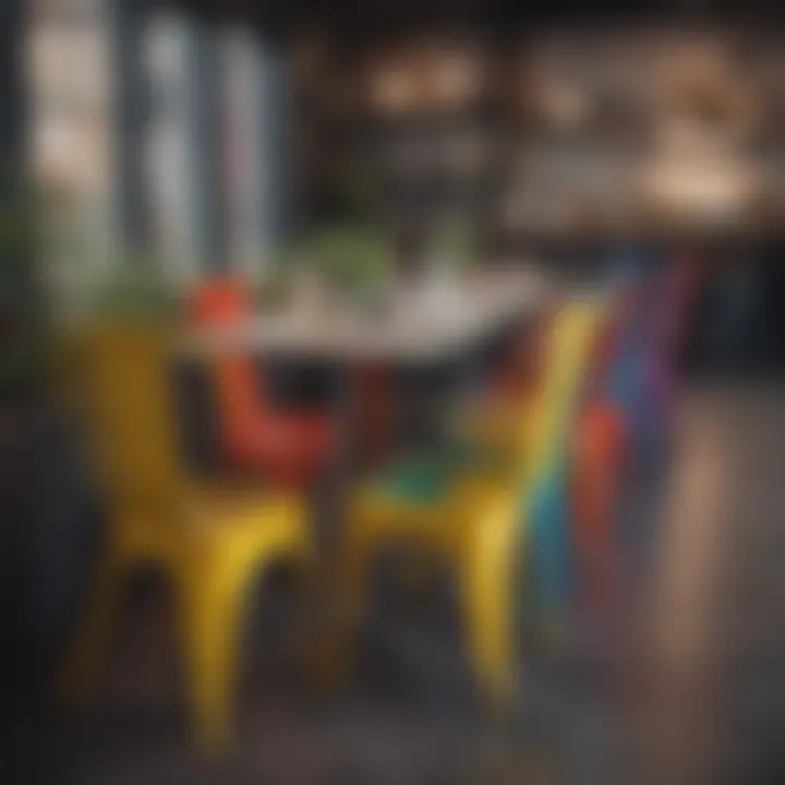 Colorful metal café dining chairs arranged in a vibrant café