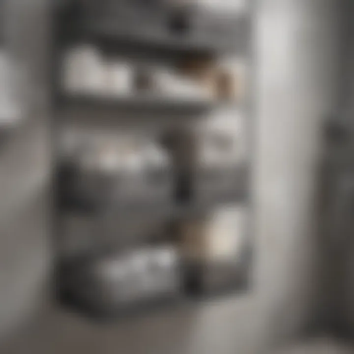 Organized bathroom shelf featuring gray baskets for storage