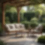 Elegant wood conversation patio set in a serene garden setting