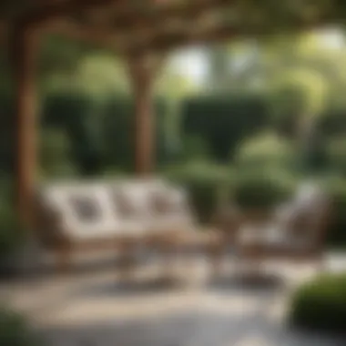 Elegant wood conversation patio set in a serene garden setting